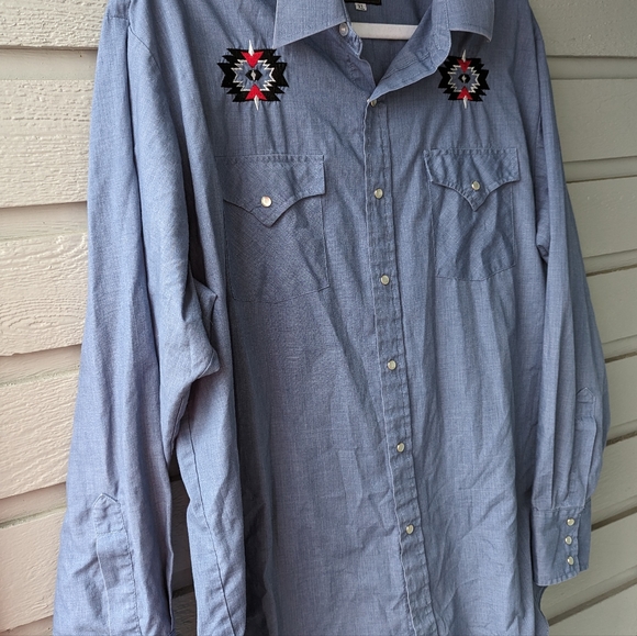 Plains Western Wear Pearl Snap Blue Aztec Embroidered Shirt Men’s Size XL - Picture 3 of 4
